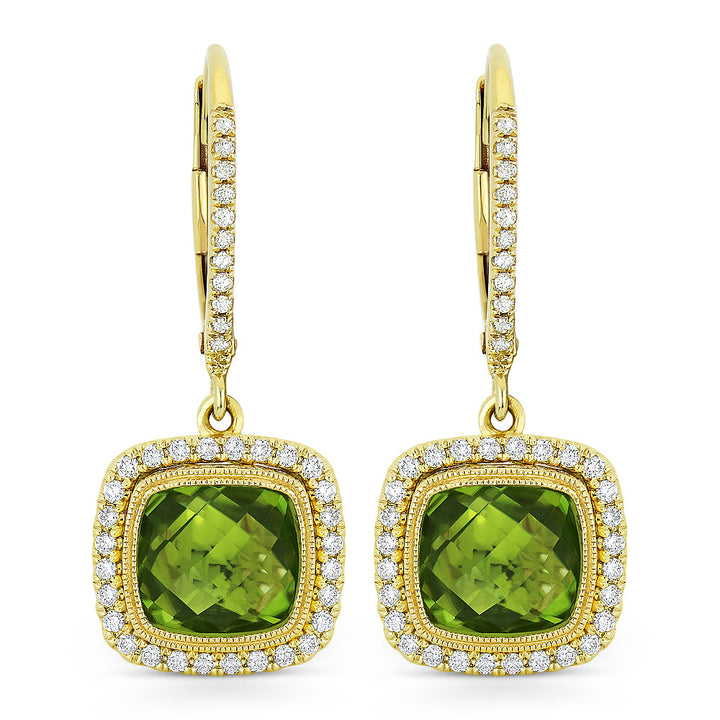 Beautiful Hand Crafted 14K Yellow Gold 7MM Peridot And Diamond Essentials Collection Drop Dangle Earrings With A Lever Back Closure