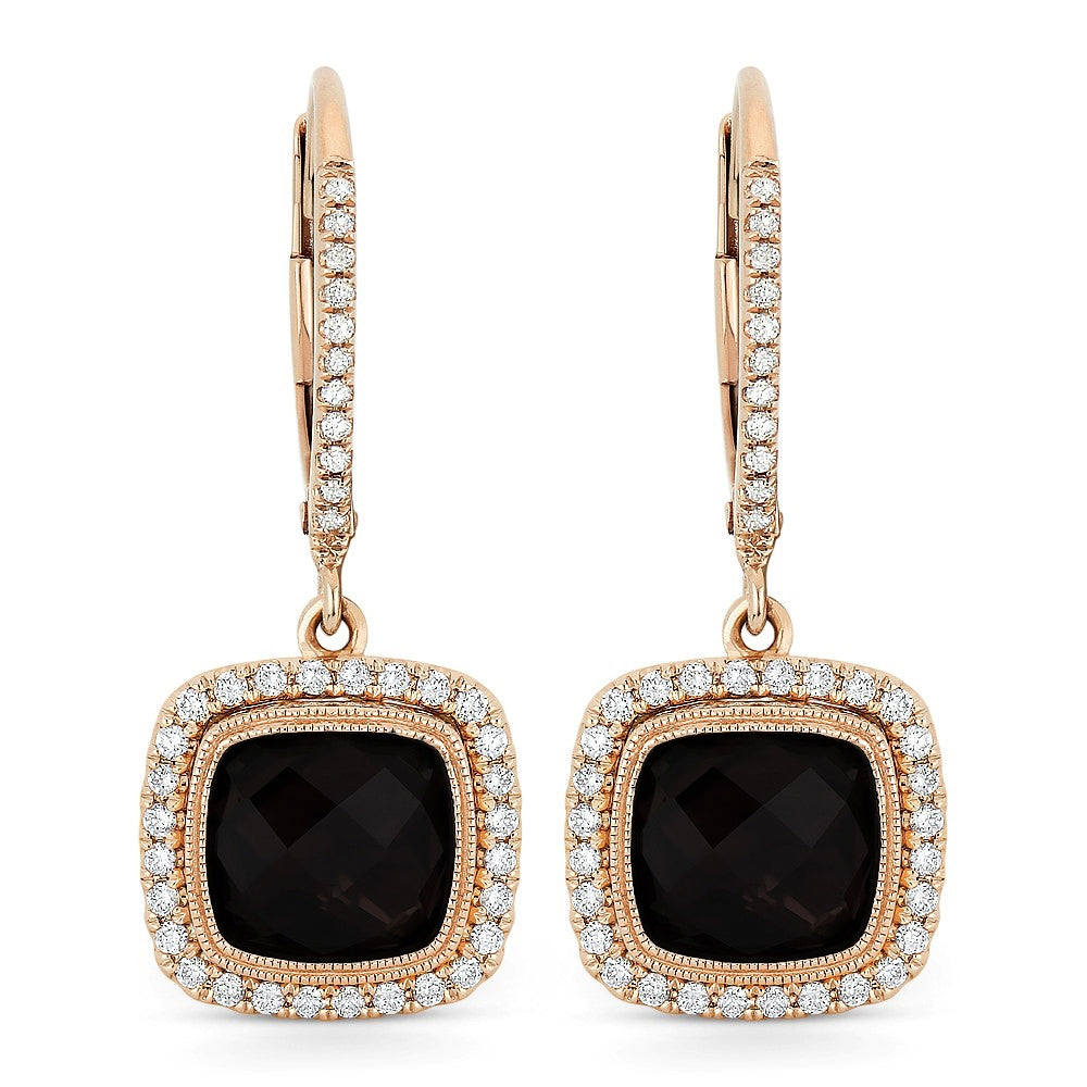 Beautiful Hand Crafted 14K Rose Gold 7MM Smokey Topaz And Diamond Essentials Collection Drop Dangle Earrings With A Lever Back Closure