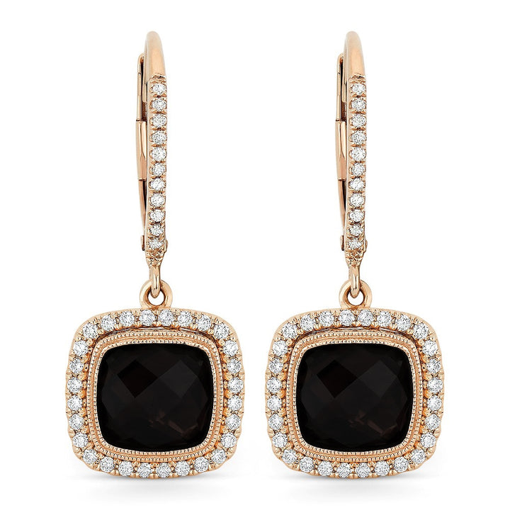 Beautiful Hand Crafted 14K Rose Gold 7MM Smokey Topaz And Diamond Essentials Collection Drop Dangle Earrings With A Lever Back Closure
