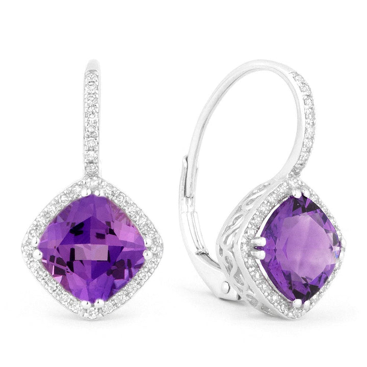 Beautiful Hand Crafted 14K White Gold 7MM Amethyst And Diamond Essentials Collection Drop Dangle Earrings With A Lever Back Closure