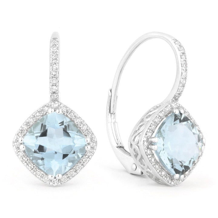 Beautiful Hand Crafted 14K White Gold 7MM Blue Topaz And Diamond Essentials Collection Drop Dangle Earrings With A Lever Back Closure