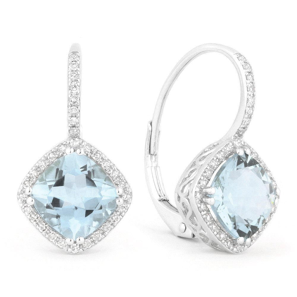 Beautiful Hand Crafted 14K White Gold 7MM Blue Topaz And Diamond Essentials Collection Drop Dangle Earrings With A Lever Back Closure