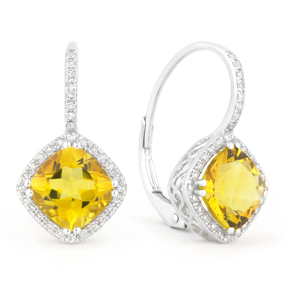 Beautiful Hand Crafted 14K White Gold 7MM Citrine And Diamond Essentials Collection Drop Dangle Earrings With A Lever Back Closure