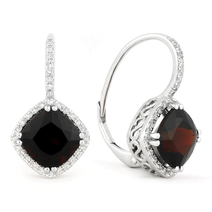 Beautiful Hand Crafted 14K White Gold 7MM Garnet And Diamond Essentials Collection Drop Dangle Earrings With A Lever Back Closure