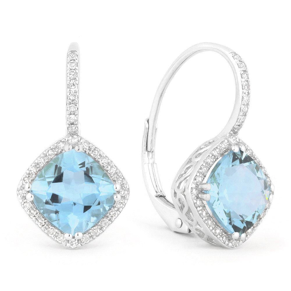 Beautiful Hand Crafted 14K White Gold 7MM Swiss Blue Topaz And Diamond Essentials Collection Drop Dangle Earrings With A Lever Back Closure