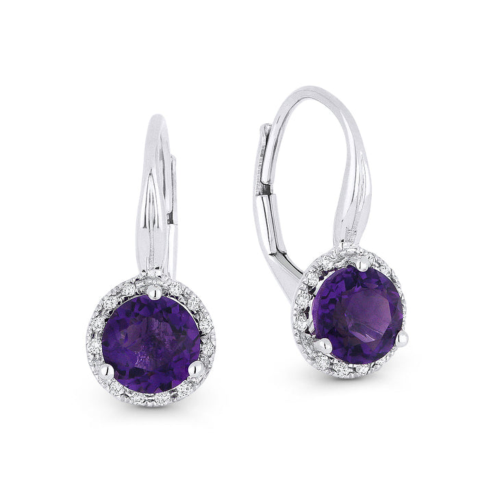 Beautiful Hand Crafted 14K White Gold 6MM Amethyst And Diamond Essentials Collection Drop Dangle Earrings With A Lever Back Closure