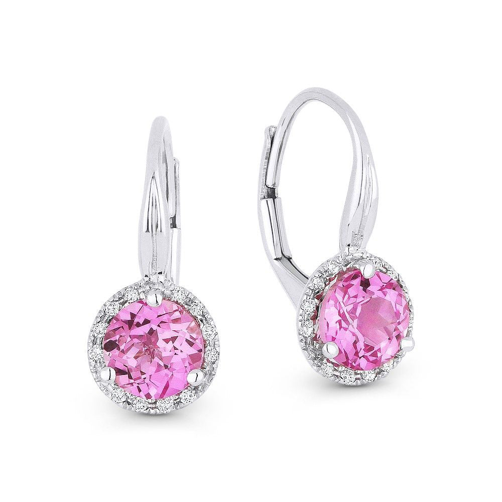 Beautiful Hand Crafted 14K White Gold 6MM Created Pink Sapphire And Diamond Essentials Collection Drop Dangle Earrings With A Lever Back Closure