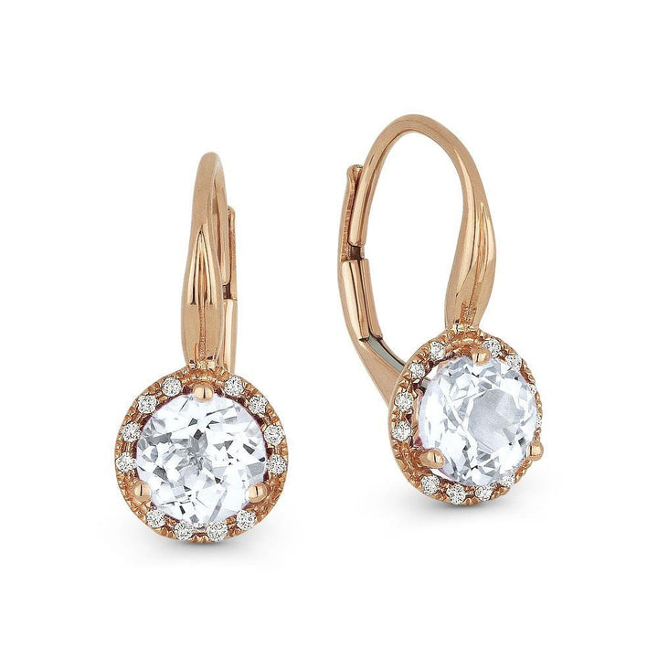 Beautiful Hand Crafted 14K Rose Gold 6MM White Topaz And Diamond Essentials Collection Drop Dangle Earrings With A Lever Back Closure