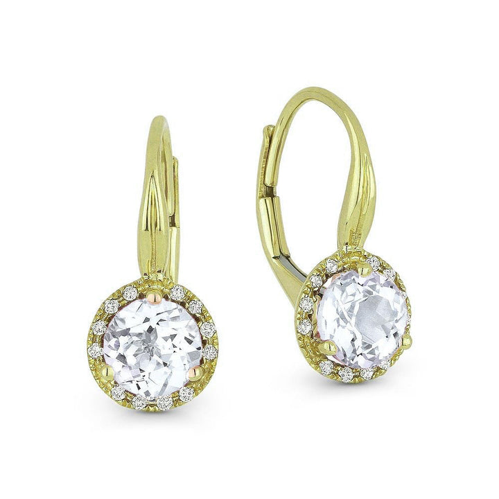 Beautiful Hand Crafted 14K Yellow Gold 6MM White Topaz And Diamond Essentials Collection Drop Dangle Earrings With A Lever Back Closure