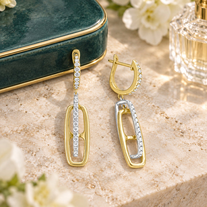E1055 - 14K Two Tone Gold Diamond Drop Earrings