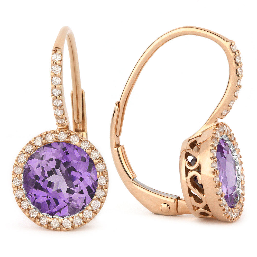 Beautiful Hand Crafted 14K Rose Gold 7MM Amethyst And Diamond Essentials Collection Drop Dangle Earrings With A Lever Back Closure