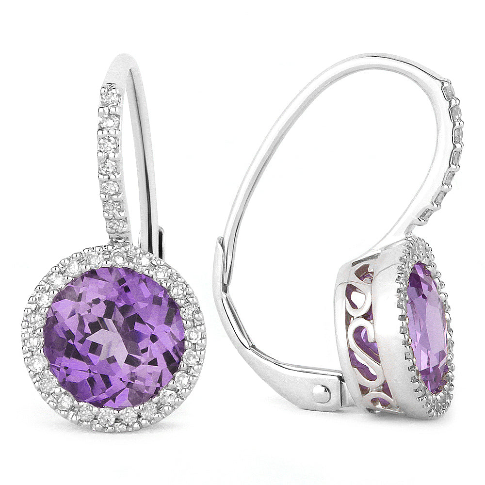 Beautiful Hand Crafted 14K White Gold 7MM Amethyst And Diamond Essentials Collection Drop Dangle Earrings With A Lever Back Closure