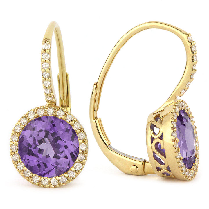 Beautiful Hand Crafted 14K Yellow Gold 7MM Amethyst And Diamond Essentials Collection Drop Dangle Earrings With A Lever Back Closure