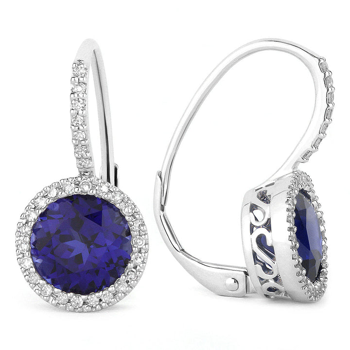 Beautiful Hand Crafted 14K White Gold 7MM Created Sapphire And Diamond Essentials Collection Drop Dangle Earrings With A Lever Back Closure