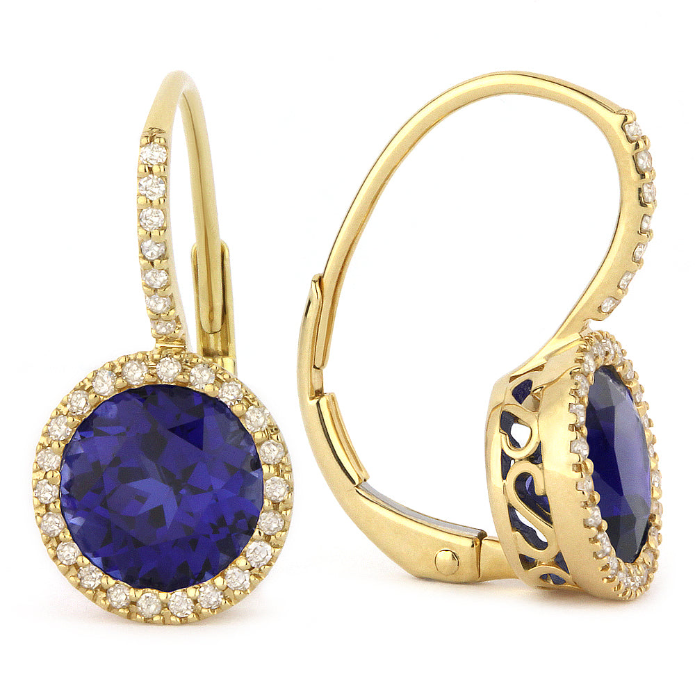 Beautiful Hand Crafted 14K Yellow Gold 7MM Created Sapphire And Diamond Essentials Collection Drop Dangle Earrings With A Lever Back Closure