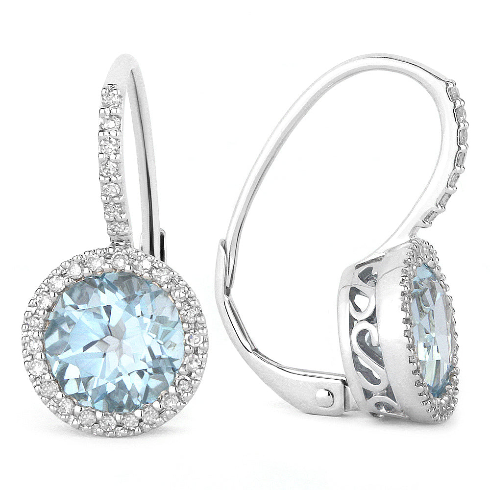 Beautiful Hand Crafted 14K White Gold 7MM Blue Topaz And Diamond Essentials Collection Drop Dangle Earrings With A Lever Back Closure