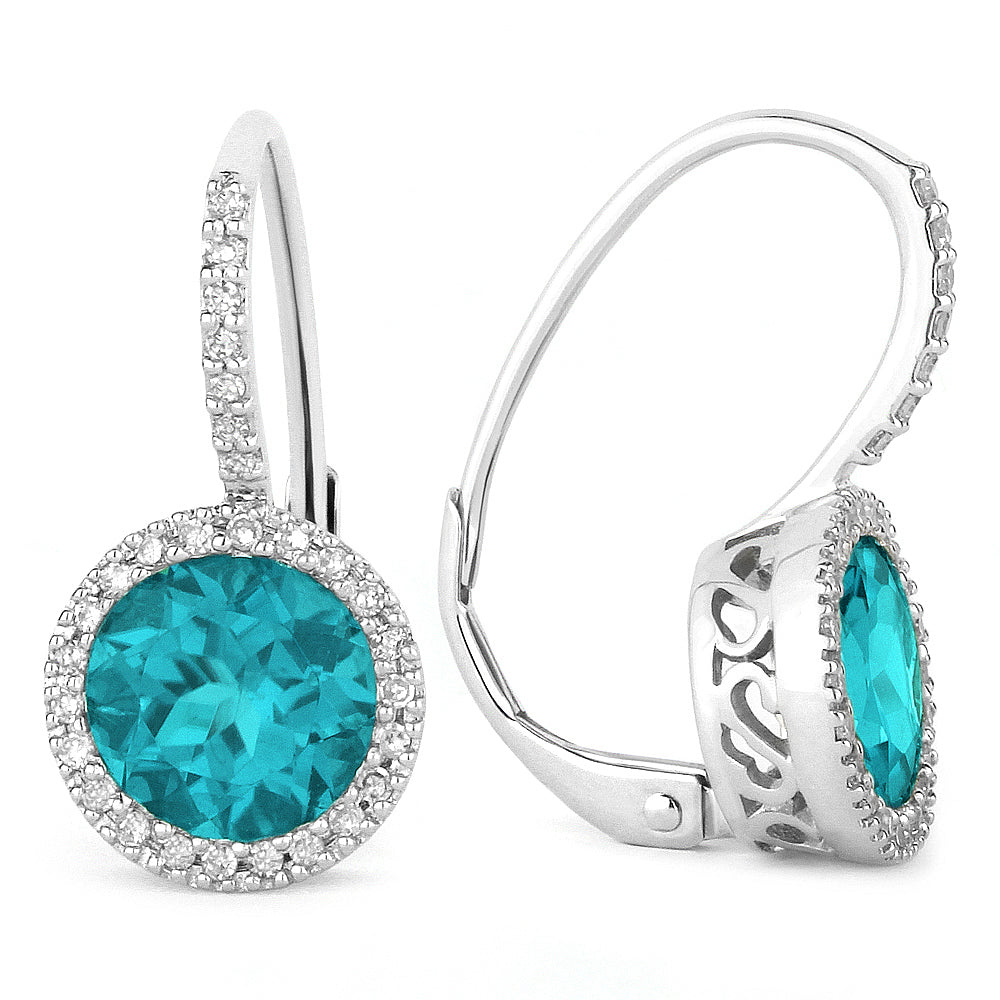 Beautiful Hand Crafted 14K White Gold 7MM Created Tourmaline Paraiba And Diamond Essentials Collection Drop Dangle Earrings With A Lever Back Closure