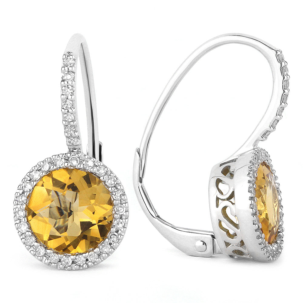 Beautiful Hand Crafted 14K White Gold 7MM Citrine And Diamond Essentials Collection Drop Dangle Earrings With A Lever Back Closure