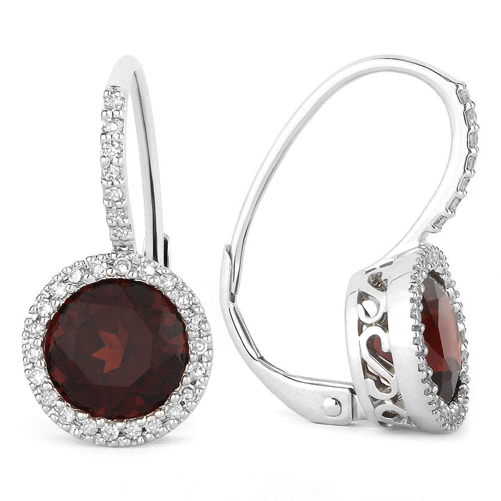 Beautiful Hand Crafted 14K White Gold 7MM Garnet And Diamond Essentials Collection Drop Dangle Earrings With A Lever Back Closure