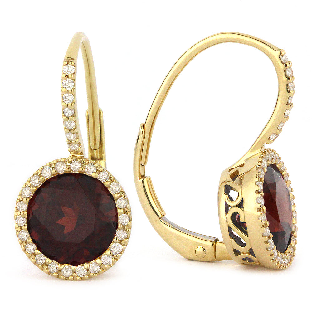 Beautiful Hand Crafted 14K Yellow Gold 7MM Garnet And Diamond Essentials Collection Drop Dangle Earrings With A Lever Back Closure