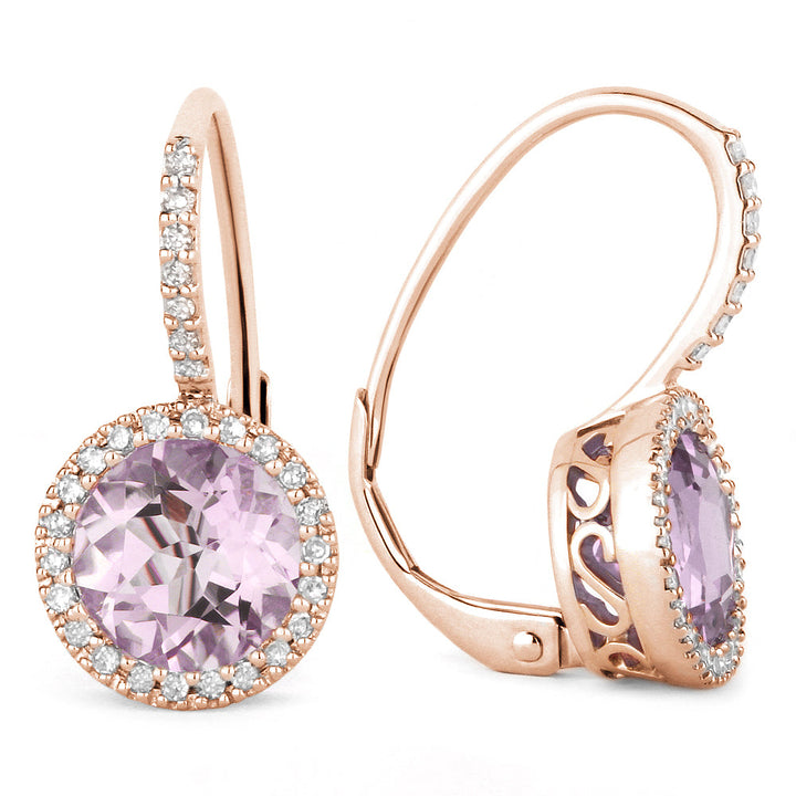 Beautiful Hand Crafted 14K Rose Gold 7MM Pink Amethyst And Diamond Essentials Collection Drop Dangle Earrings With A Lever Back Closure