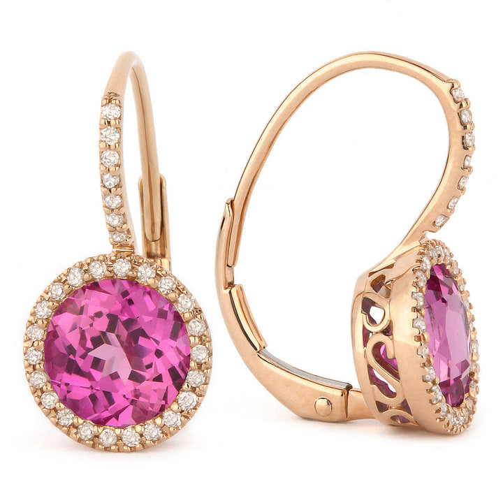 Beautiful Hand Crafted 14K Rose Gold 7MM Created Pink Sapphire And Diamond Essentials Collection Drop Dangle Earrings With A Lever Back Closure