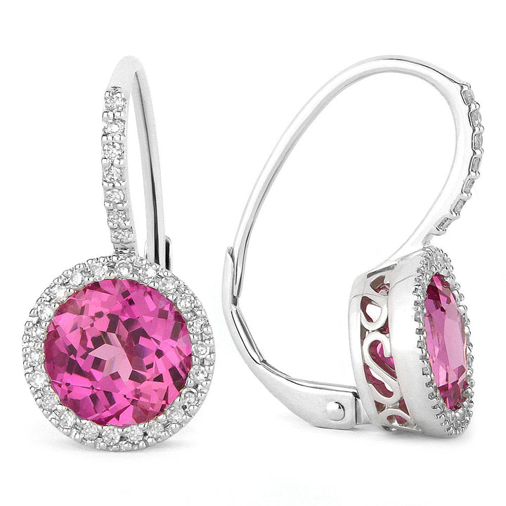 Beautiful Hand Crafted 14K White Gold 7MM Created Pink Sapphire And Diamond Essentials Collection Drop Dangle Earrings With A Lever Back Closure