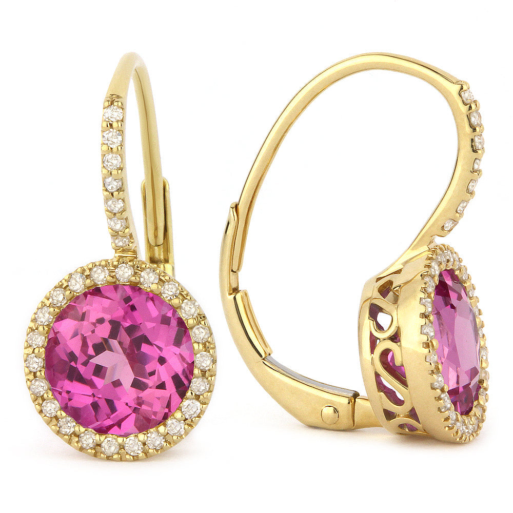 Beautiful Hand Crafted 14K Yellow Gold 7MM Created Pink Sapphire And Diamond Essentials Collection Drop Dangle Earrings With A Lever Back Closure