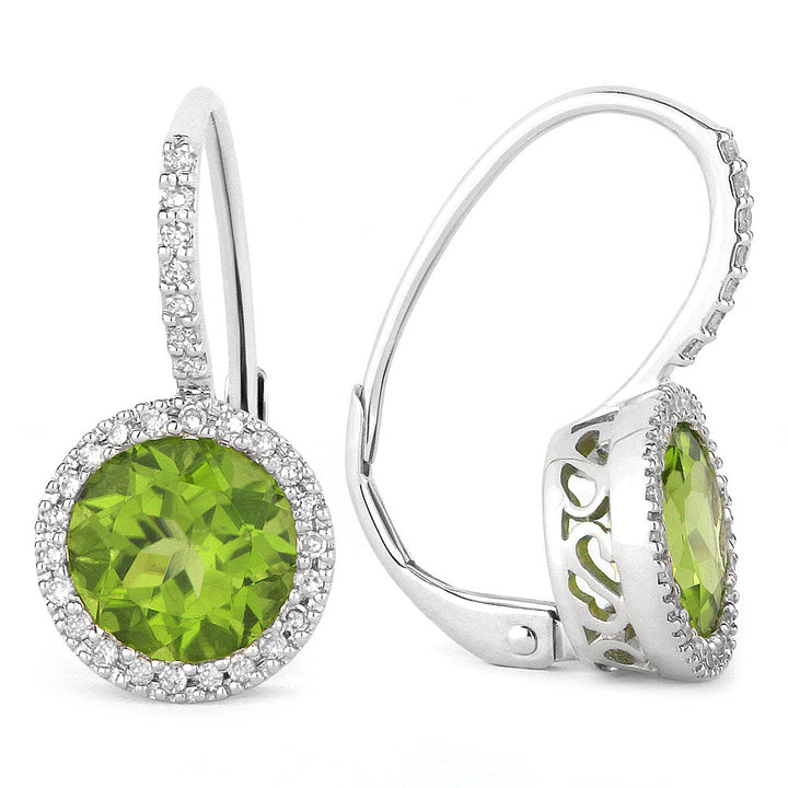 Beautiful Hand Crafted 14K White Gold 7MM Peridot And Diamond Essentials Collection Drop Dangle Earrings With A Lever Back Closure