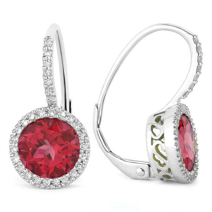 Beautiful Hand Crafted 14K White Gold 7MM Created Ruby And Diamond Essentials Collection Drop Dangle Earrings With A Lever Back Closure