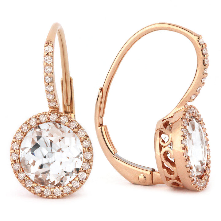 Beautiful Hand Crafted 14K Rose Gold 7MM White Topaz And Diamond Essentials Collection Drop Dangle Earrings With A Lever Back Closure