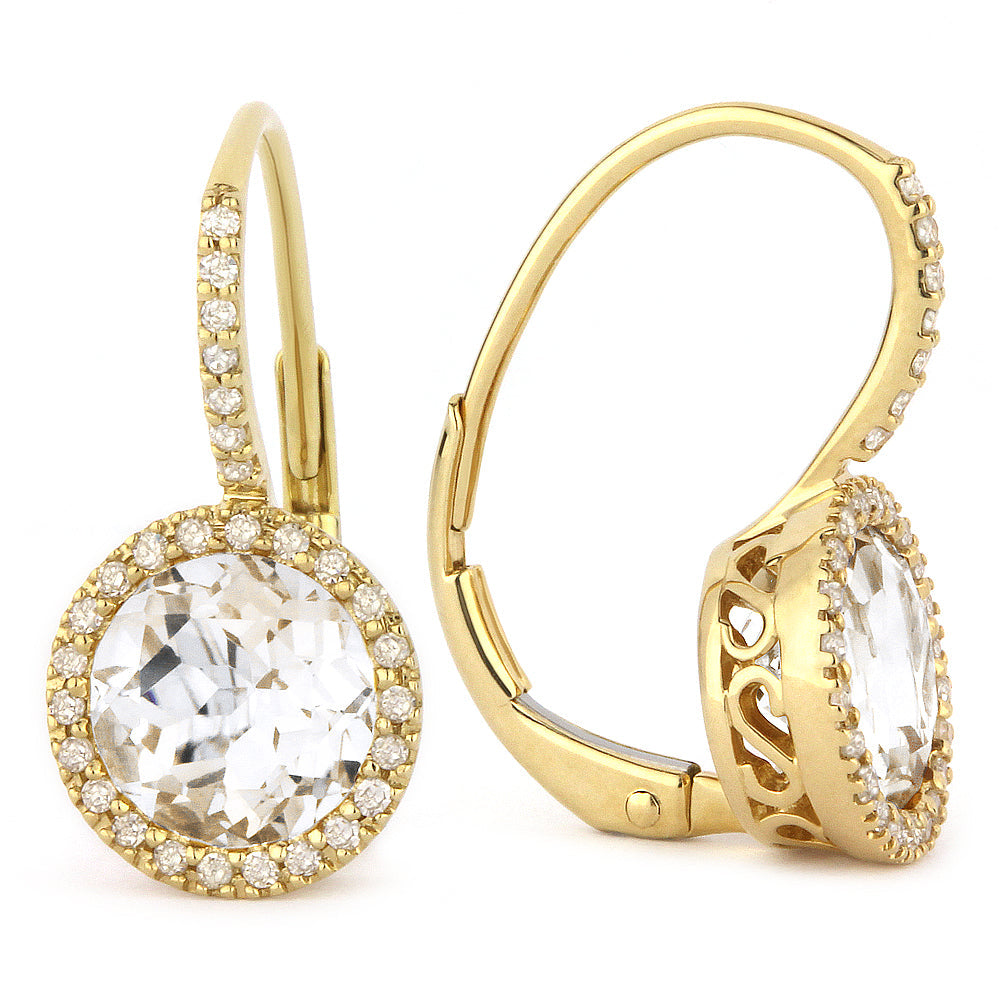 Beautiful Hand Crafted 14K Yellow Gold 7MM White Topaz And Diamond Essentials Collection Drop Dangle Earrings With A Lever Back Closure