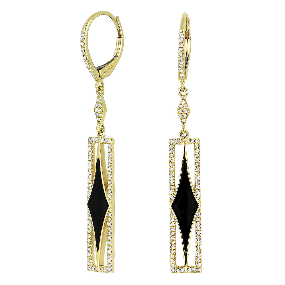 Beautiful Hand Crafted 14K Yellow Gold  Enamel And Diamond Stiletto Collection Drop Dangle Earrings With A Lever Back Closure