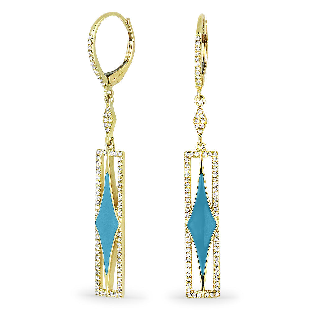 Beautiful Hand Crafted 14K Yellow Gold  Turquoise And Diamond Stiletto Collection Drop Dangle Earrings With A Lever Back Closure