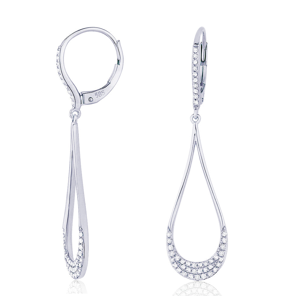 Beautiful Hand Crafted 14K White Gold White Diamond Milano Collection Drop Dangle Earrings With A Lever Back Closure