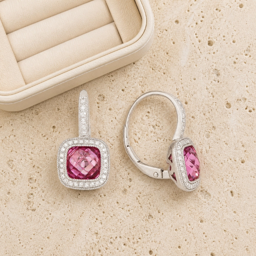 E1064 - 14K White Gold Cushion Drop Earrings