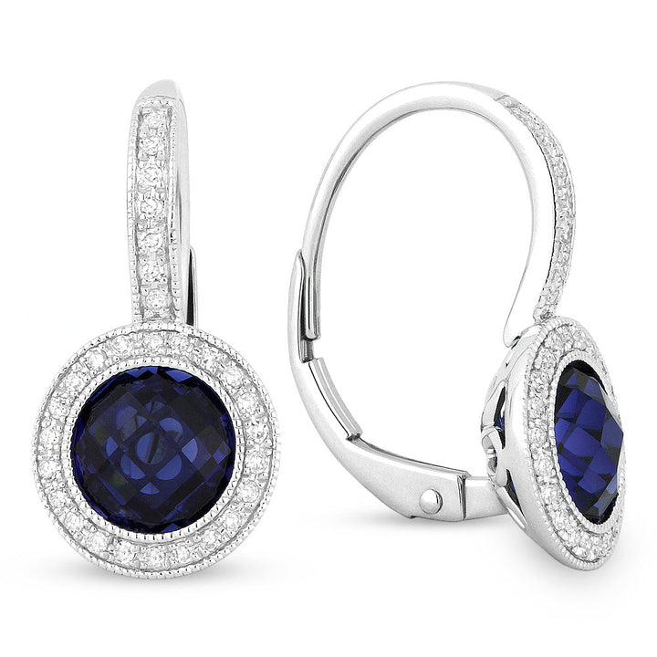 Beautiful Hand Crafted 14K White Gold 7MM Created Sapphire And Diamond Eclectica Collection Drop Dangle Earrings With A Lever Back Closure