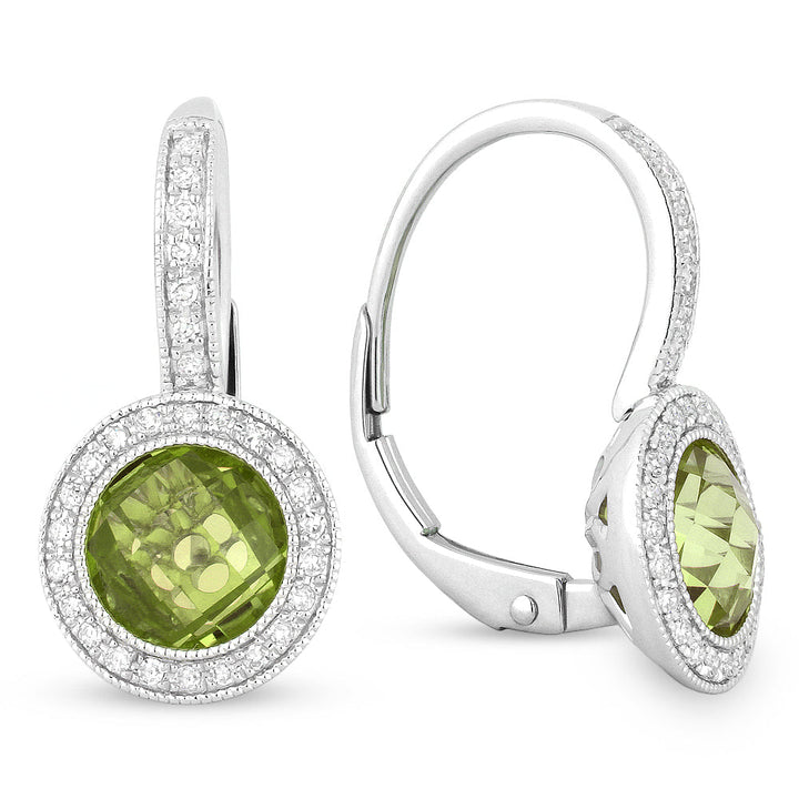 Beautiful Hand Crafted 14K White Gold 7MM Peridot And Diamond Eclectica Collection Drop Dangle Earrings With A Lever Back Closure