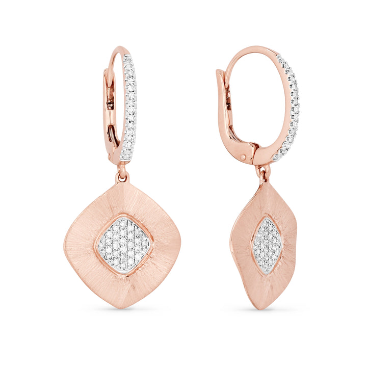 Beautiful Hand Crafted 14K Rose Gold White Diamond Milano Collection Drop Dangle Earrings With A Lever Back Closure