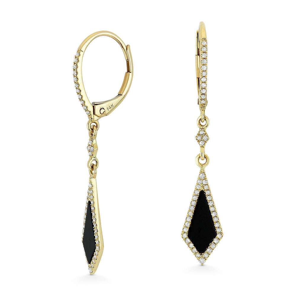Beautiful Hand Crafted 14K Yellow Gold 4x10MM Black Onyx And Diamond Stiletto Collection Drop Dangle Earrings With A Lever Back Closure