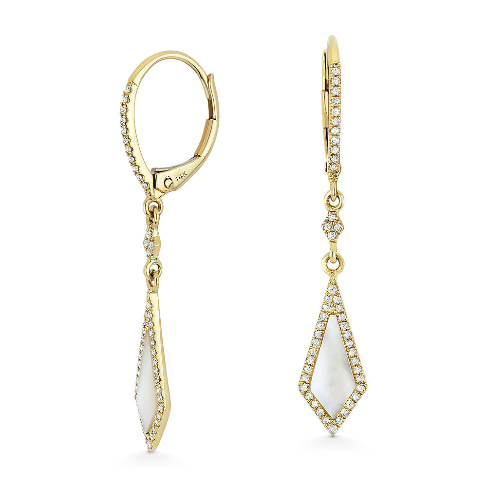 Beautiful Hand Crafted 14K Yellow Gold 4X10MM Mother Of Pearl And Diamond Stiletto Collection Drop Dangle Earrings With A Lever Back Closure