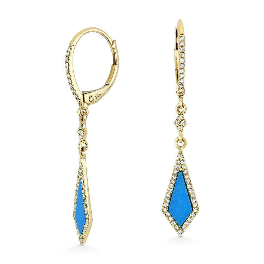 Beautiful Hand Crafted 14K Yellow Gold 4X10MM Turquoise And Diamond Stiletto Collection Drop Dangle Earrings With A Lever Back Closure