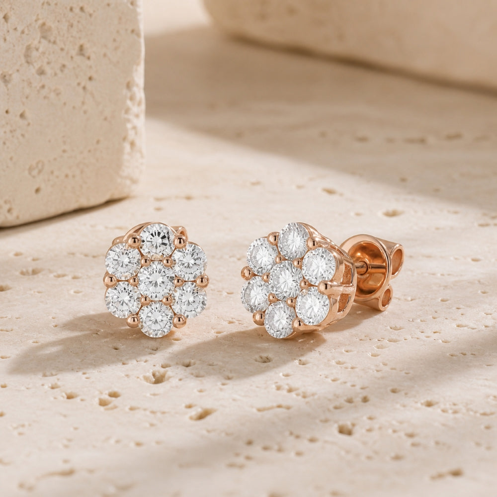 E1076 - 14K Gold Diamond Cluster Stud Earrings