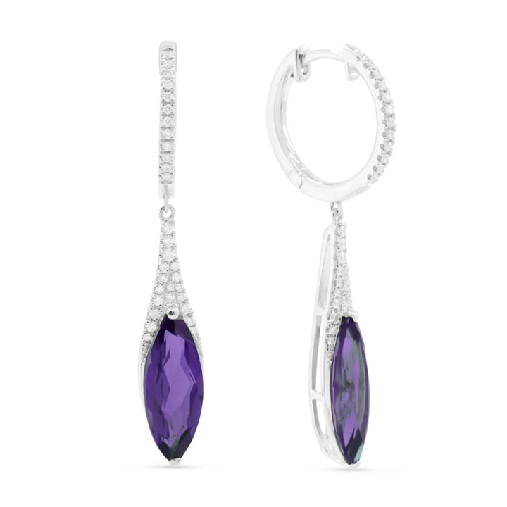 Beautiful Hand Crafted 14K White Gold 6X15MM Amethyst And Diamond Essentials Collection Drop Dangle Earrings With A Lever Back Closure