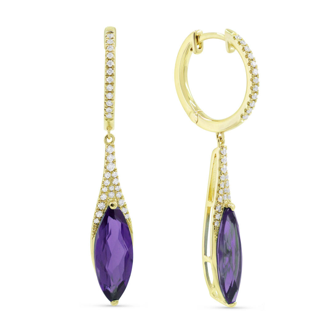 Beautiful Hand Crafted 14K Yellow Gold 6X15MM Amethyst And Diamond Essentials Collection Drop Dangle Earrings With A Lever Back Closure