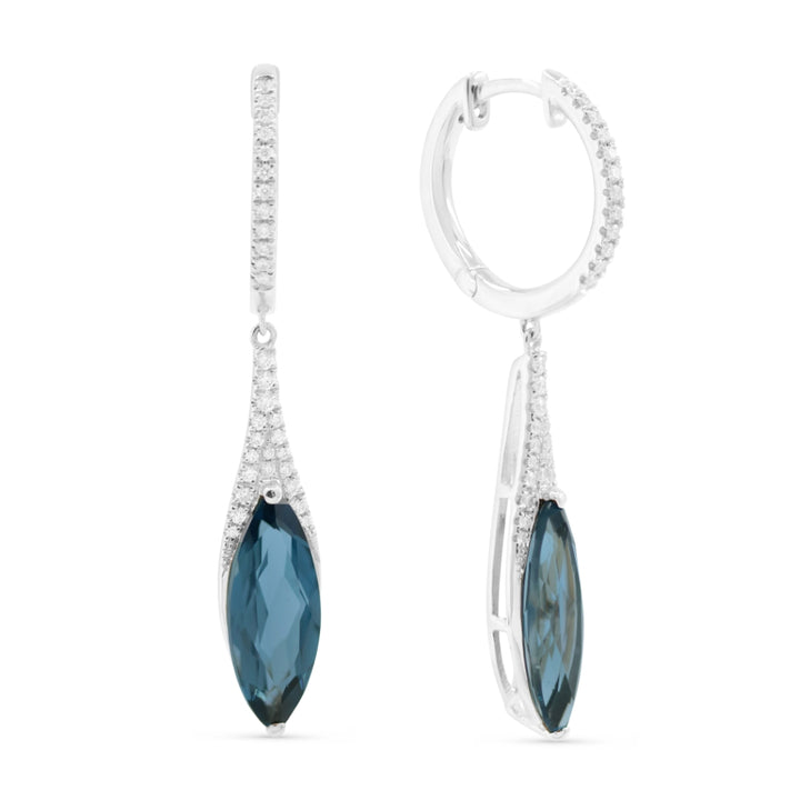 Beautiful Hand Crafted 14K White Gold 6X15MM London Blue Topaz And Diamond Essentials Collection Drop Dangle Earrings With A Lever Back Closure
