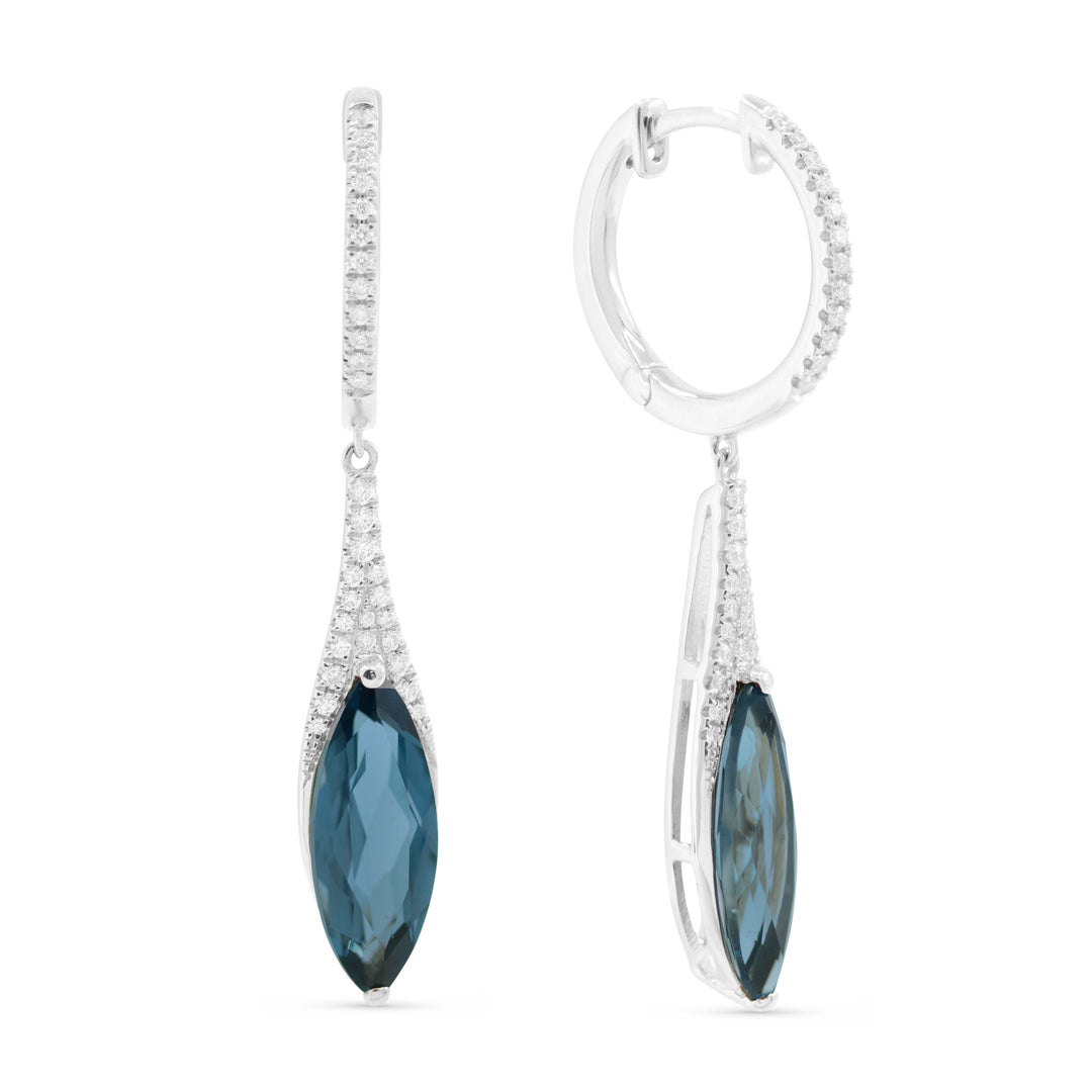 Beautiful Hand Crafted 14K White Gold 6X15MM London Blue Topaz And Diamond Essentials Collection Drop Dangle Earrings With A Lever Back Closure