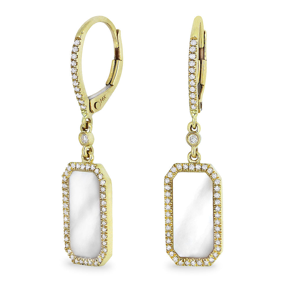 Beautiful Hand Crafted 14K Yellow Gold 6X12MM Mother Of Pearl And Diamond Stiletto Collection Drop Dangle Earrings With A Lever Back Closure