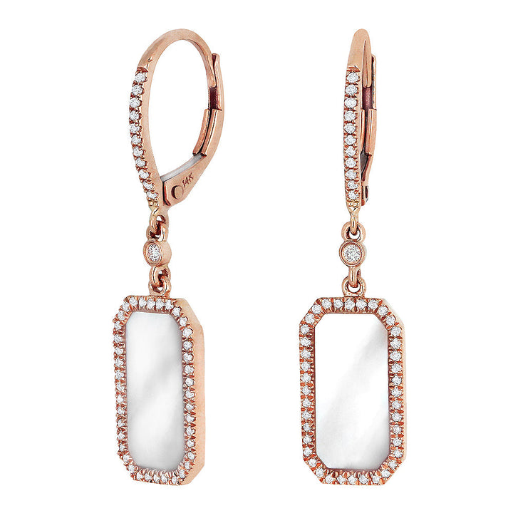 Beautiful Hand Crafted 14K Rose Gold 6X12MM Pink Mother Of Pearl And Diamond Stiletto Collection Drop Dangle Earrings With A Lever Back Closure