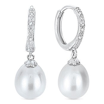 Beautiful Hand Crafted 14K White Gold 8MM Pearl And Diamond Essentials Collection Drop Dangle Earrings With A Lever Back Closure